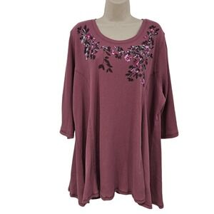 Catherines Shirt Womens 2X Mauve Waffle Knit Embroidered Floral 3/4 Sleeve‎
